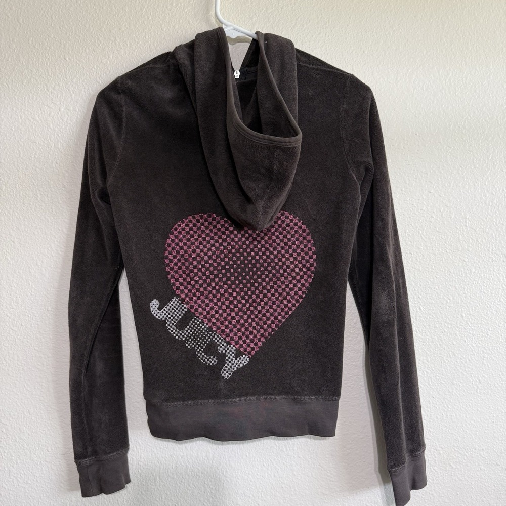 juicy couture Zip Up Hoodie‎ Jacket Vintage Medium Brown Velour Heart Glitter